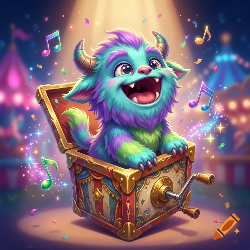 A cheerful blue and purple fuzzy monster with horns popping out of a decorated carnival jack-in-the-box, digital art style.