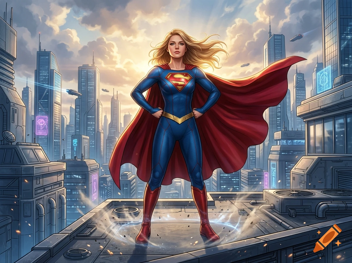 Digital illustration of Supergirl standing on a futuristic city rooftop with her cape blowing in the wind.