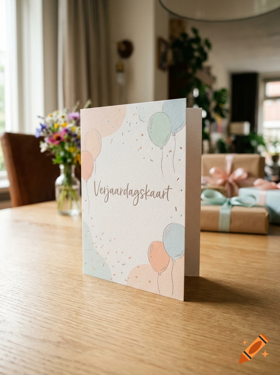 A pastel birthday greeting card reading Verjaardagskaart on a wooden table with flowers and wrapped gifts in the background.
