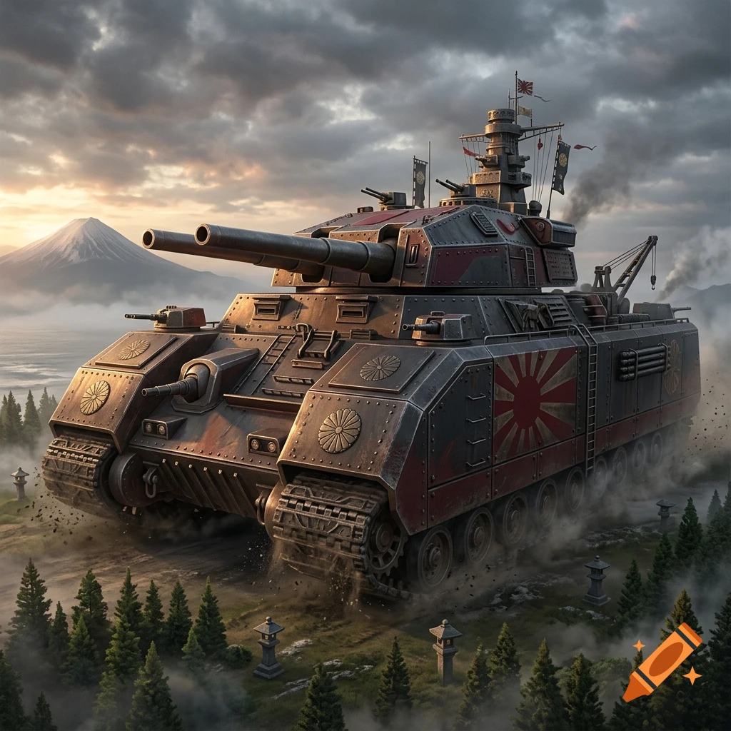 A massive Japanese-themed super-heavy land battleship tank moving through a pine forest with Mount Fuji in the background.