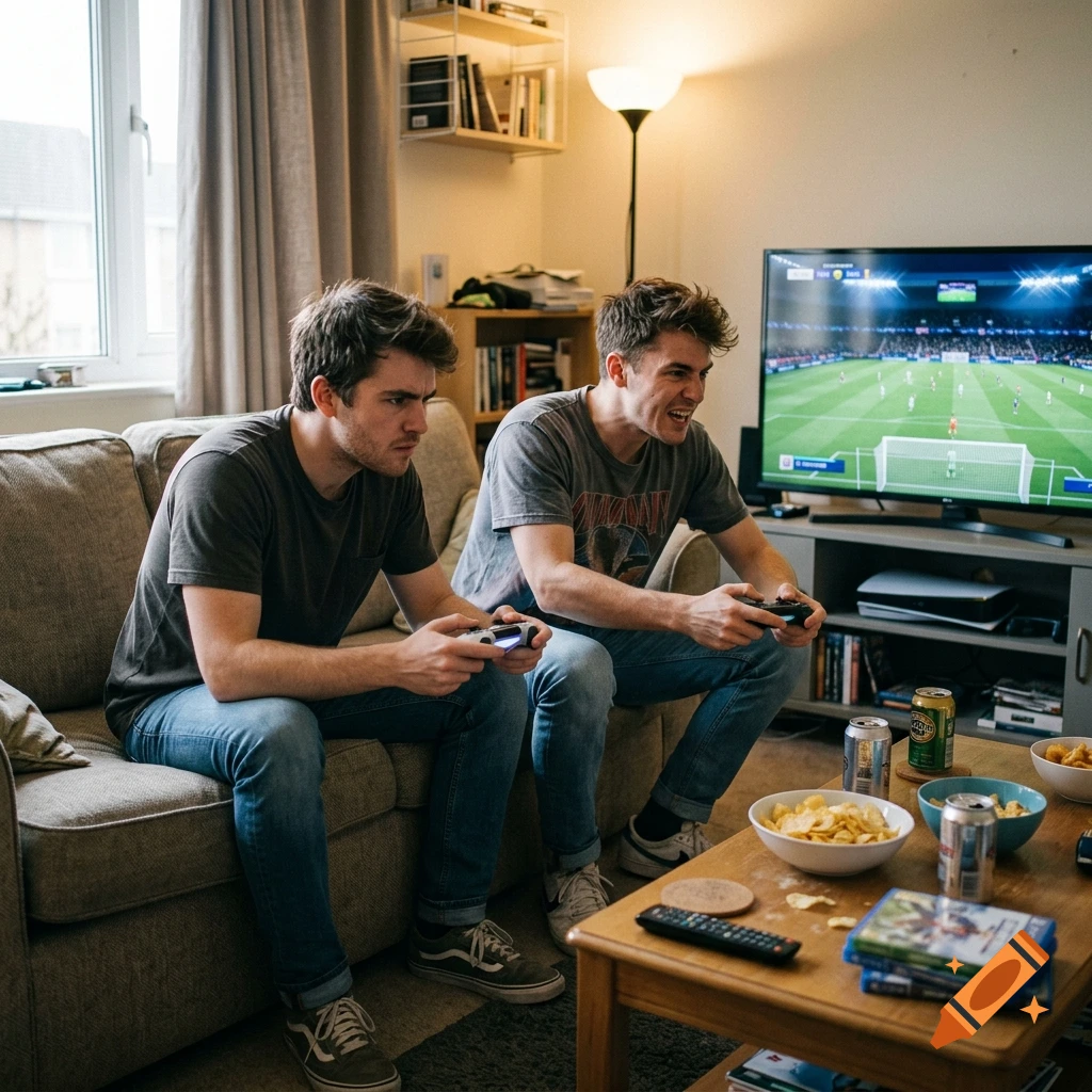 Two young men sitting on a sofa in a living room, playing a soccer video game on a large television.