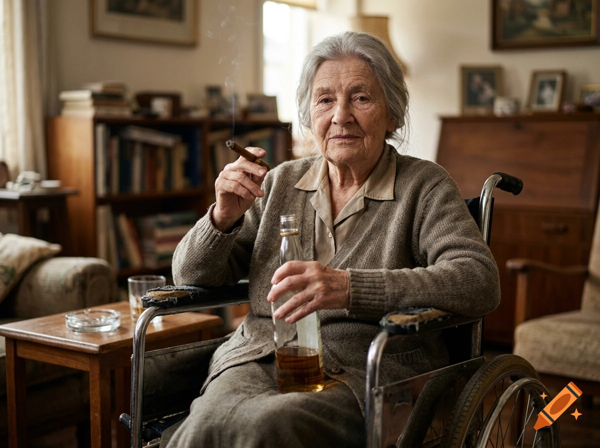 An elderly woman in a wheelchair holding a bottle and a cigar in a living room, photorealistic style.