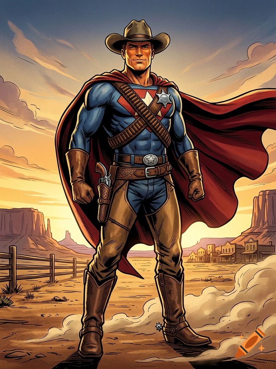Comic book style illustration of a 1940s superhero cowboy with a cape, gun holster, and western desert background.