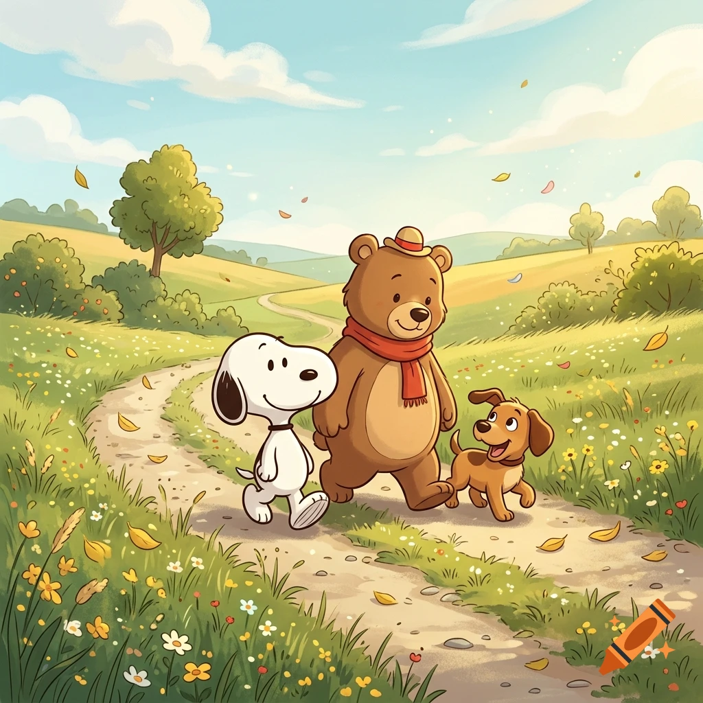 Snoopy, a brown bear wearing a scarf, and a small dog walking along a dirt path through a sunny green meadow with wildflowers, cartoon style