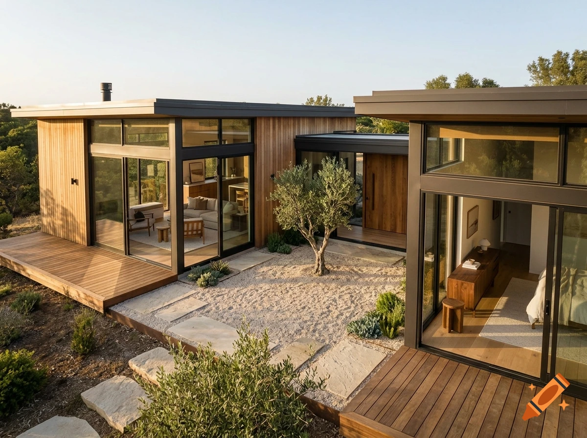 Photorealistic architectural visualization of a modern single-storey home with timber cladding, large glass windows, and a central courtyard.