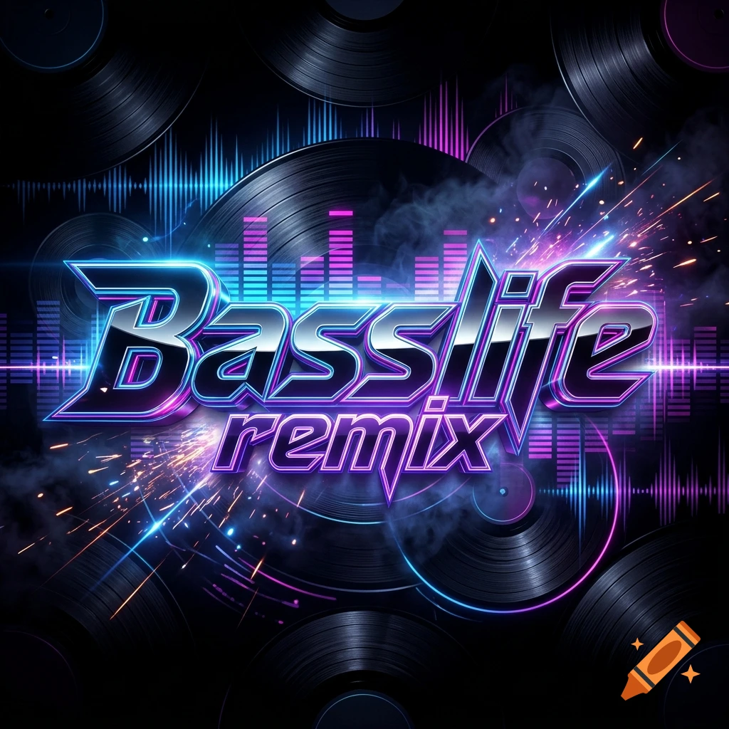 Neon futuristic music cover with vinyl records, soundwaves, and the text Basslife remix in glowing letters.