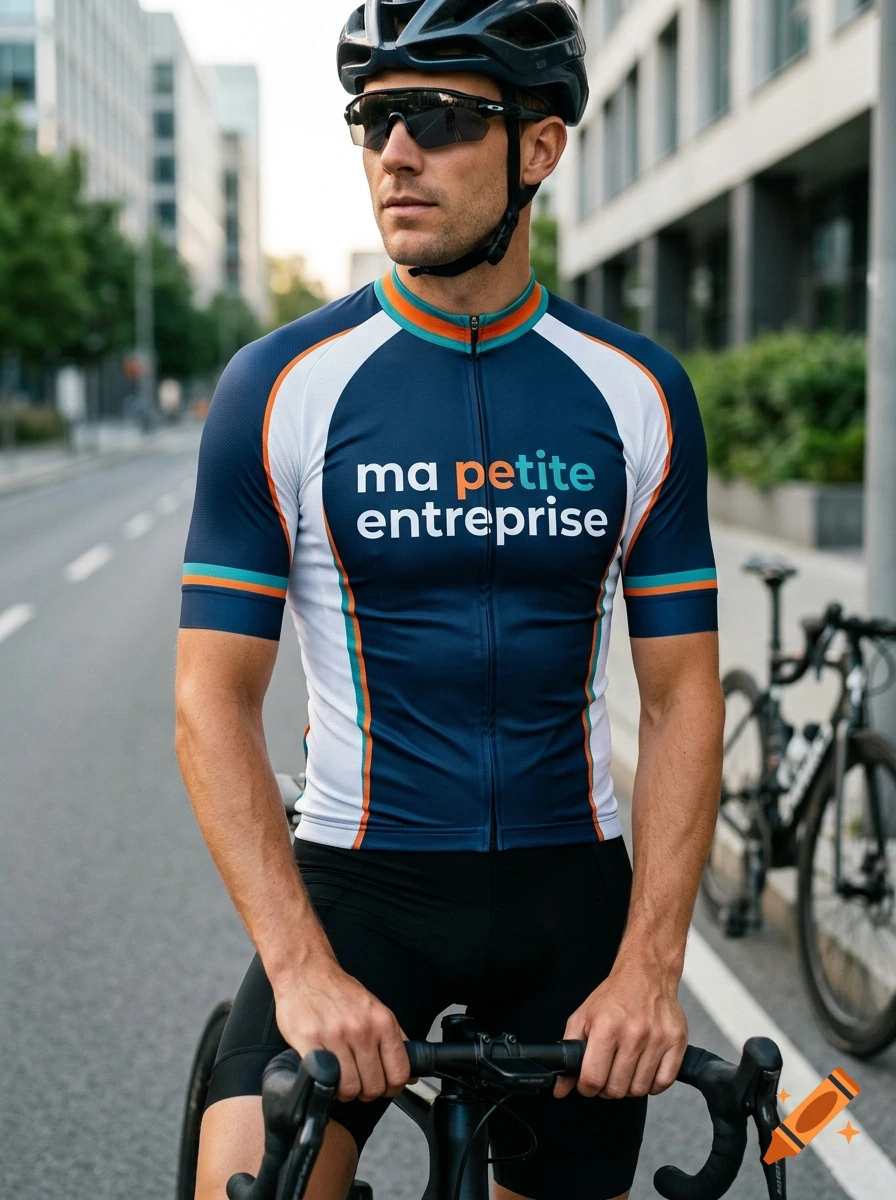 A cyclist wearing a helmet, sunglasses, and a branded cycling jersey stands holding the handlebars of a bicycle on a city street.