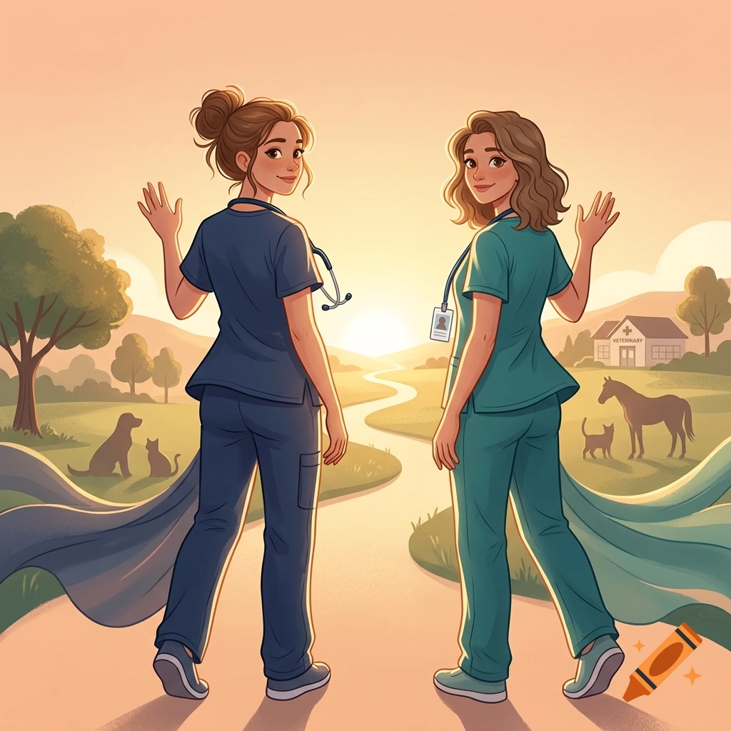 Digital illustration of two female veterinarians in scrubs walking away from the viewer along a path at sunset, waving, with animals and a veterinary clinic in the background.