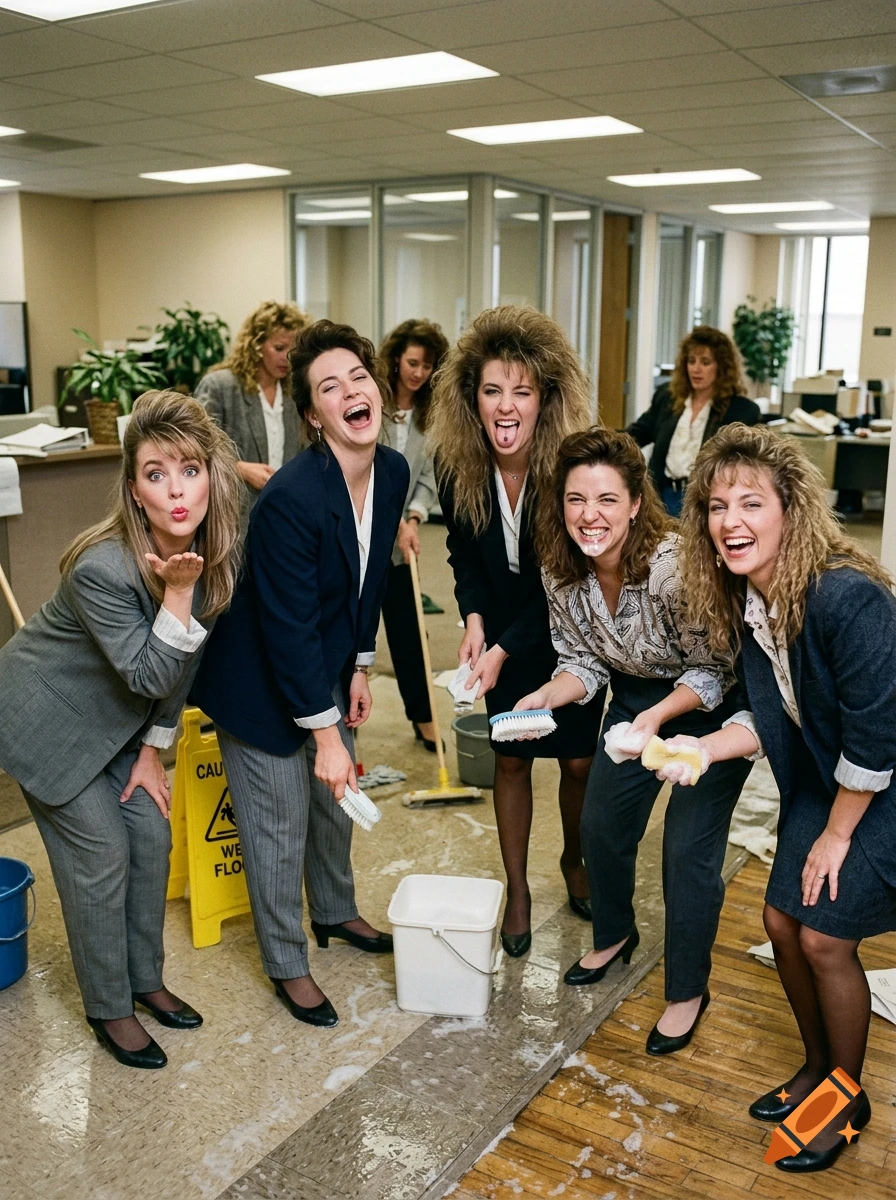 Group of businesswomen in 1980s attire laughing and making silly faces while cleaning an office floor.