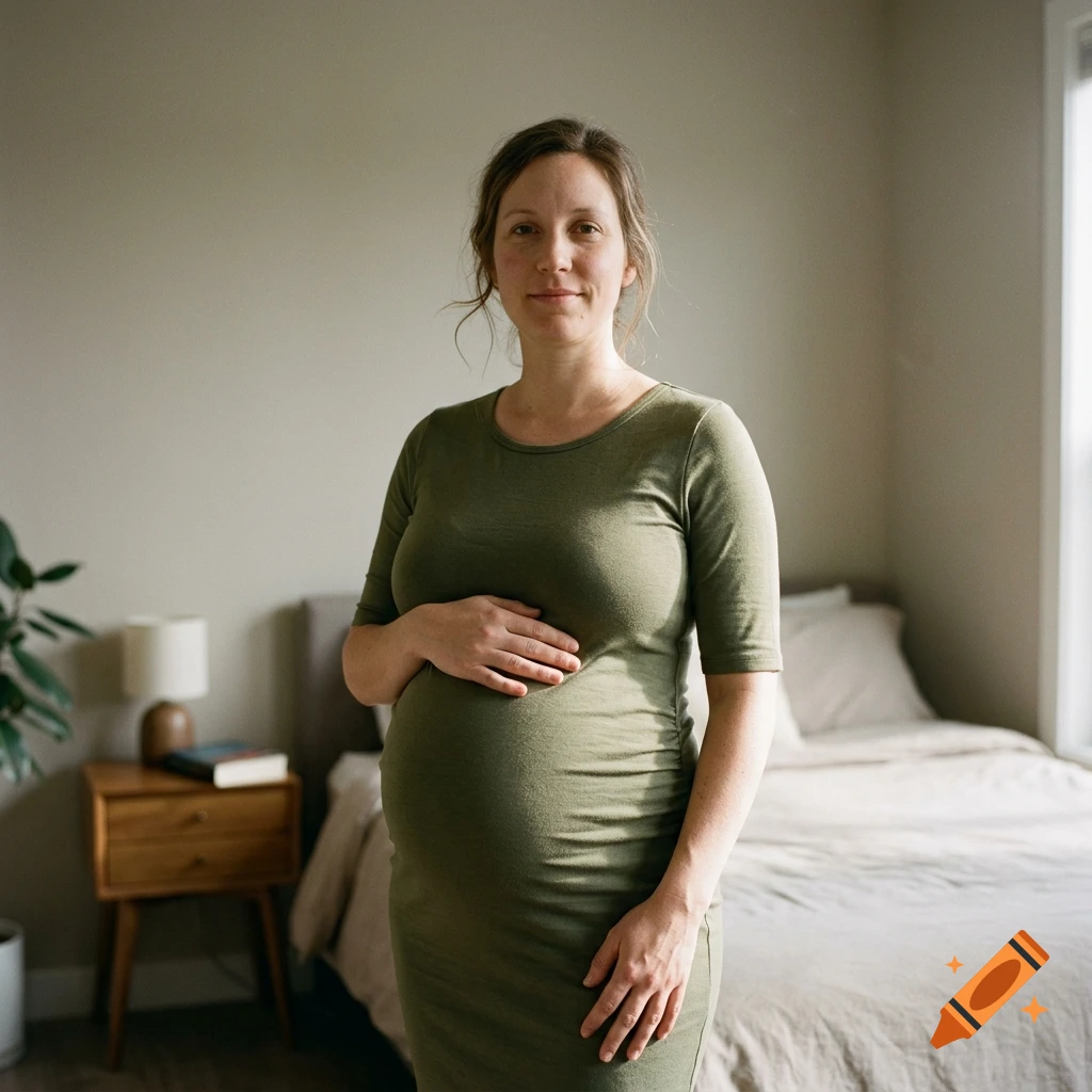 Photorealistic portrait of a pregnant woman in a green dress standing in a bedroom.