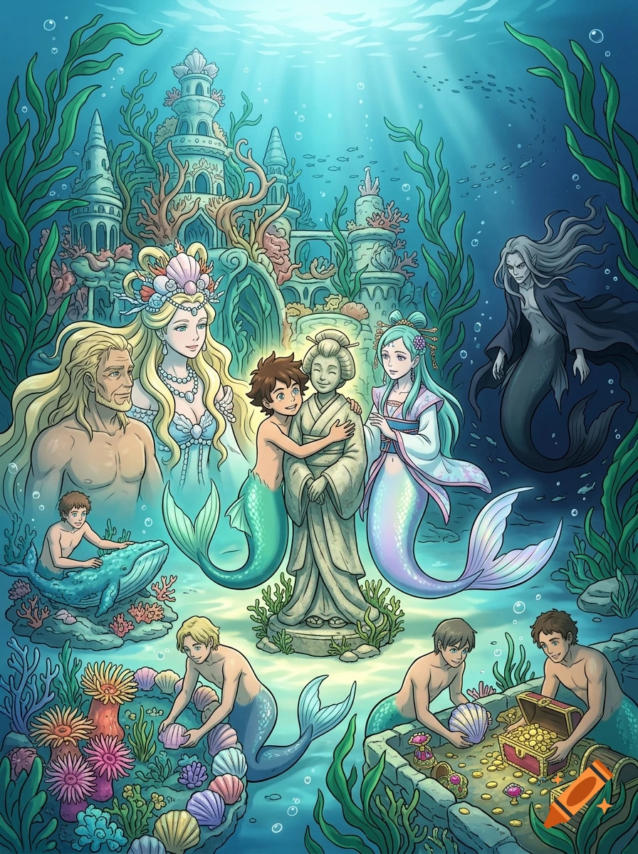 Anime style underwater illustration featuring merfolk and an underwater castle.