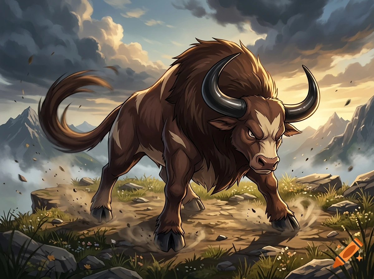 A powerful brown bull with large curved horns charges forward on a rocky mountain ridge under a stormy sky.