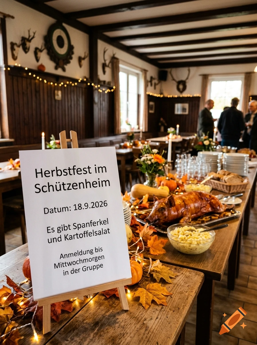 Photorealistic image of a wooden table in a rustic hall with an invitation sign and a roasted pig for a autumn festival.