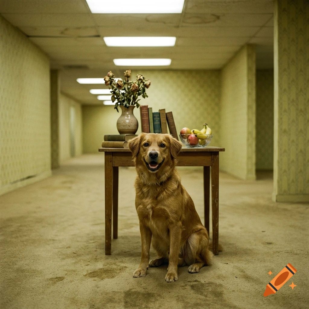A golden retriever sitting happily in a yellow carpeted hallway with a wooden table, flowers, and fruit bowl in the background.