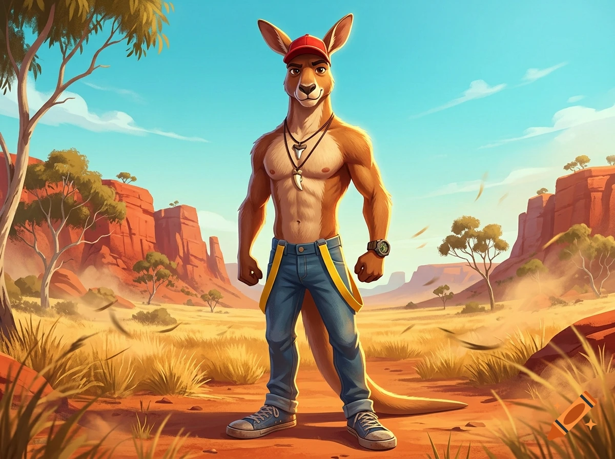 An animated anthropomorphic kangaroo wearing a red cap, sharktooth necklace, blue jeans, and sneakers in the Australian outback.