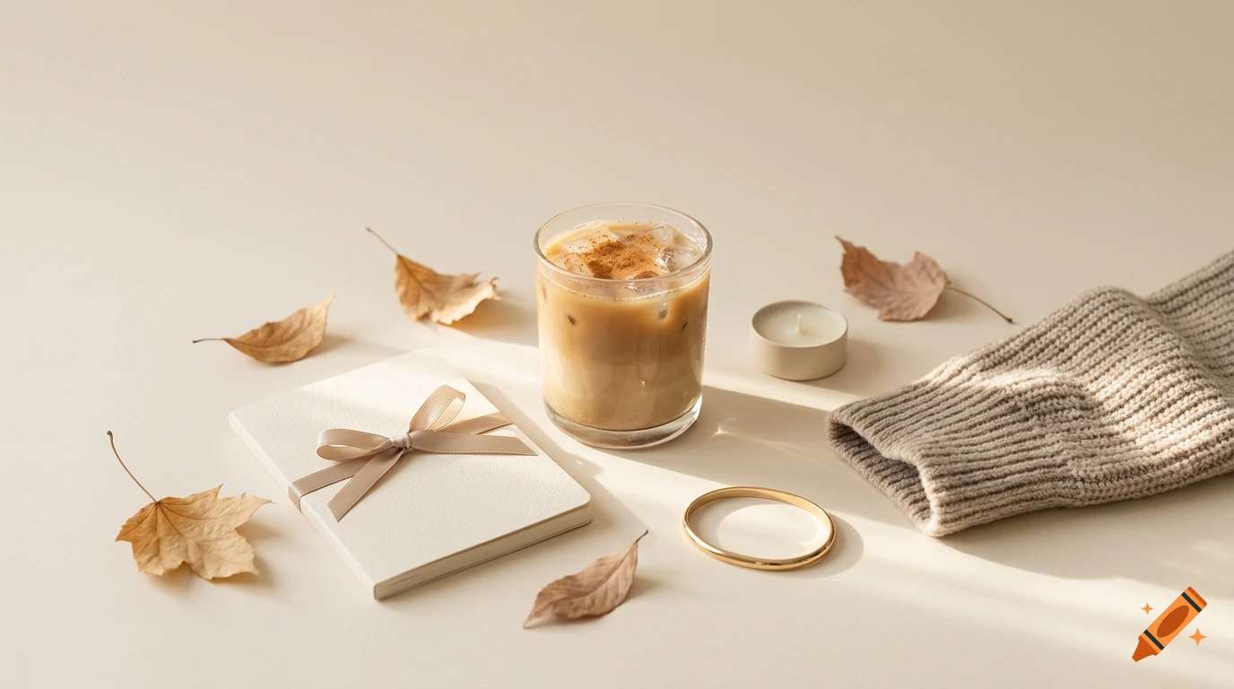 Minimalist autumn flatlay with iced latte, journal, autumn leaves, knit sweater sleeve, and candle on a neutral beige background.