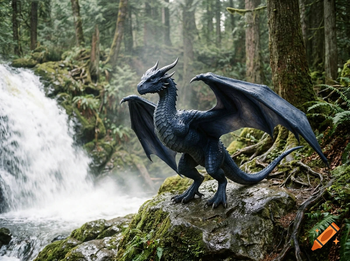 Photorealistic navy-colored wyvern perched on a mossy rock in a lush forest next to a waterfall.