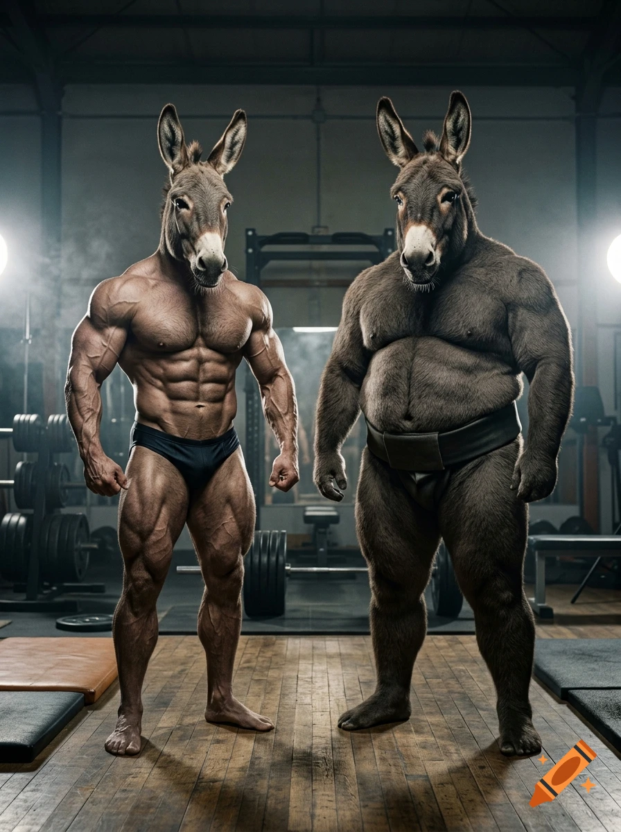 Photorealistic full-body shot of two anthropomorphic donkeys in a gym, one jacked bodybuilder and one massive sumo wrestler.