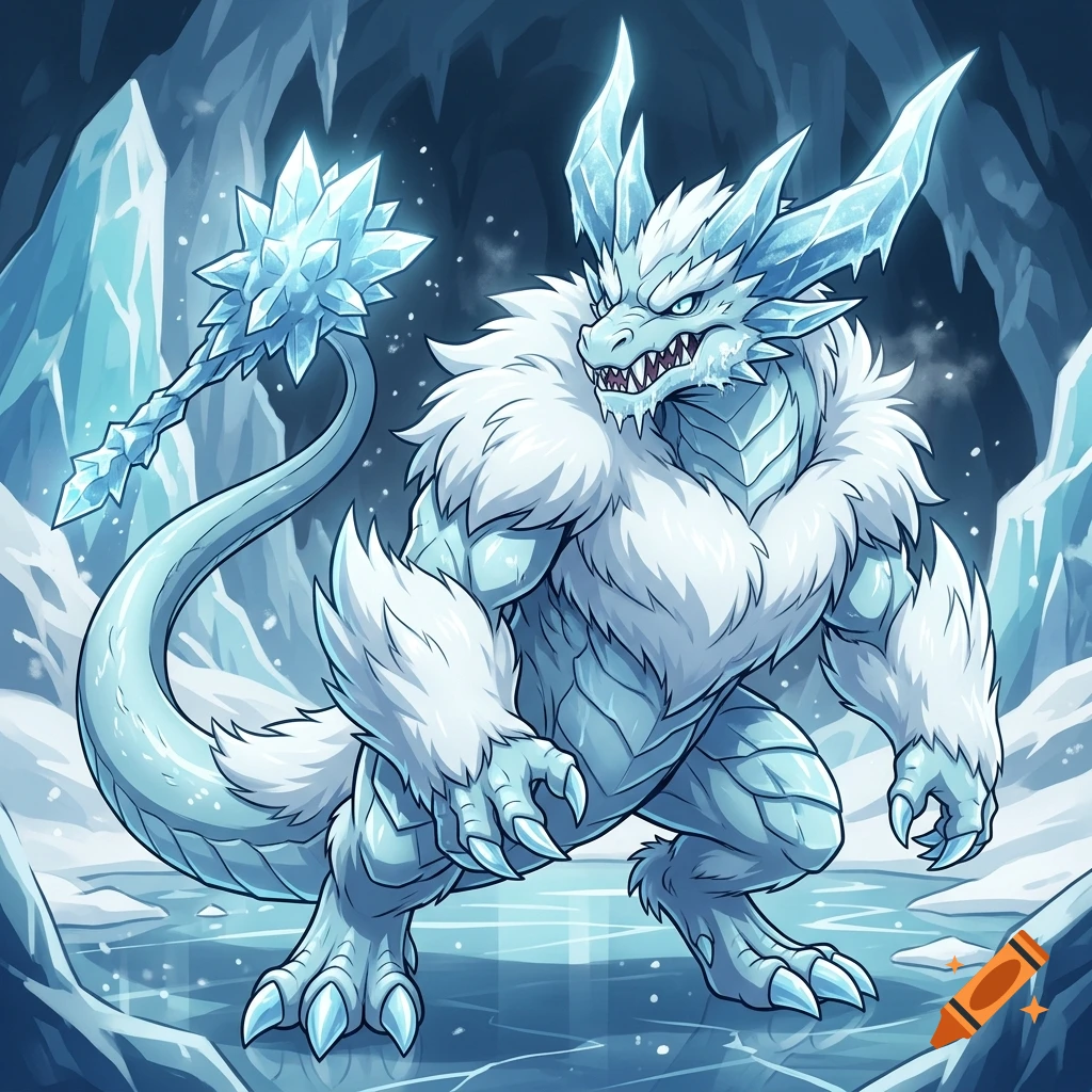 Anime-style ice dragon Pokémon with thick white fur, two ice horns, and an ice mace tail, standing in an icy cave.