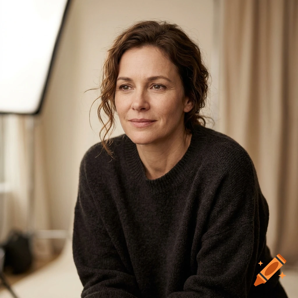 Photorealistic medium shot of a woman with curly brown hair wearing a dark sweater in a studio setting.