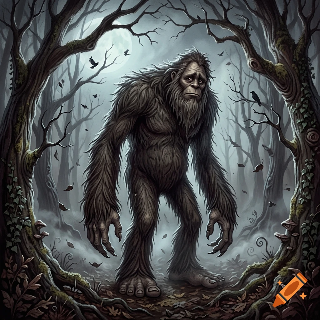 A large, hairy Bigfoot stands in the center of a dense, dark forest under a full moon, surrounded by twisted trees and flying birds.