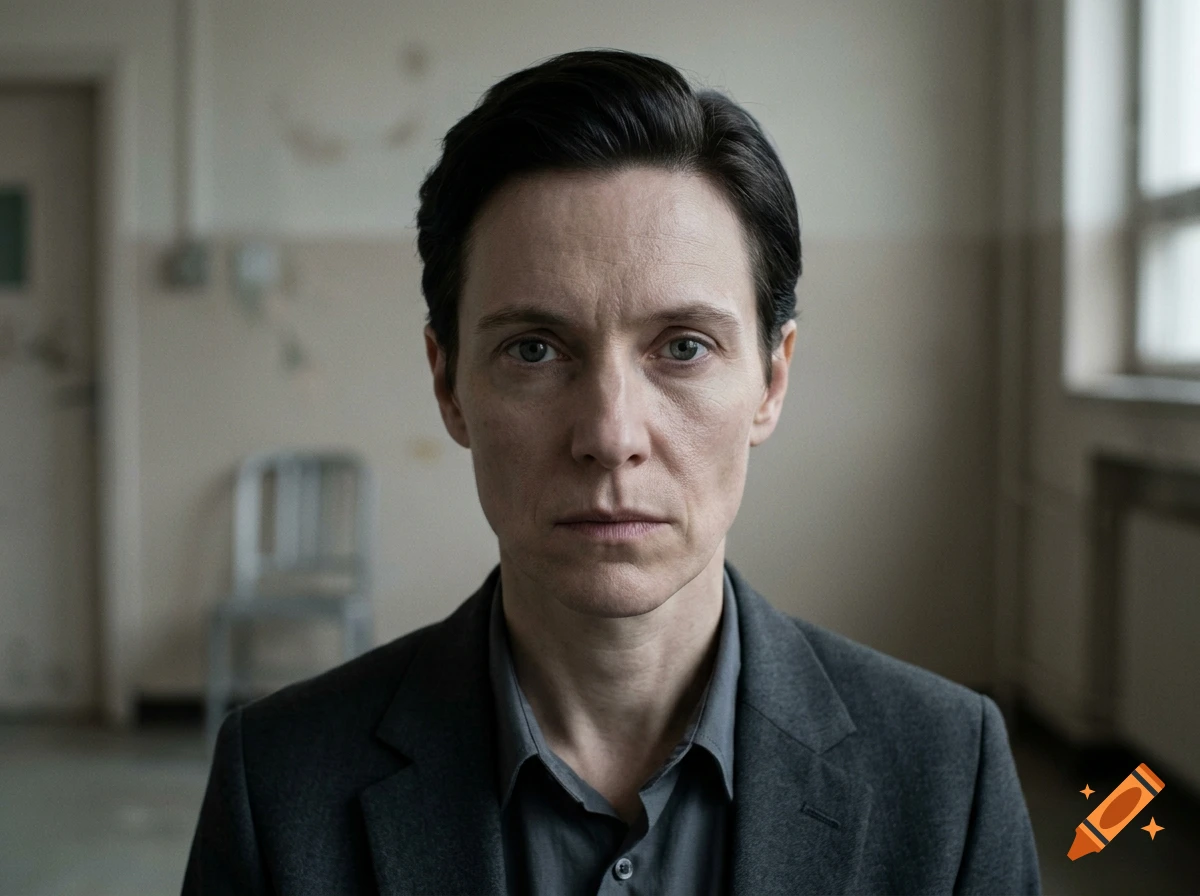 Photorealistic medium close-up of a person with dark hair in a grey suit, looking directly at the camera in an indoor setting.