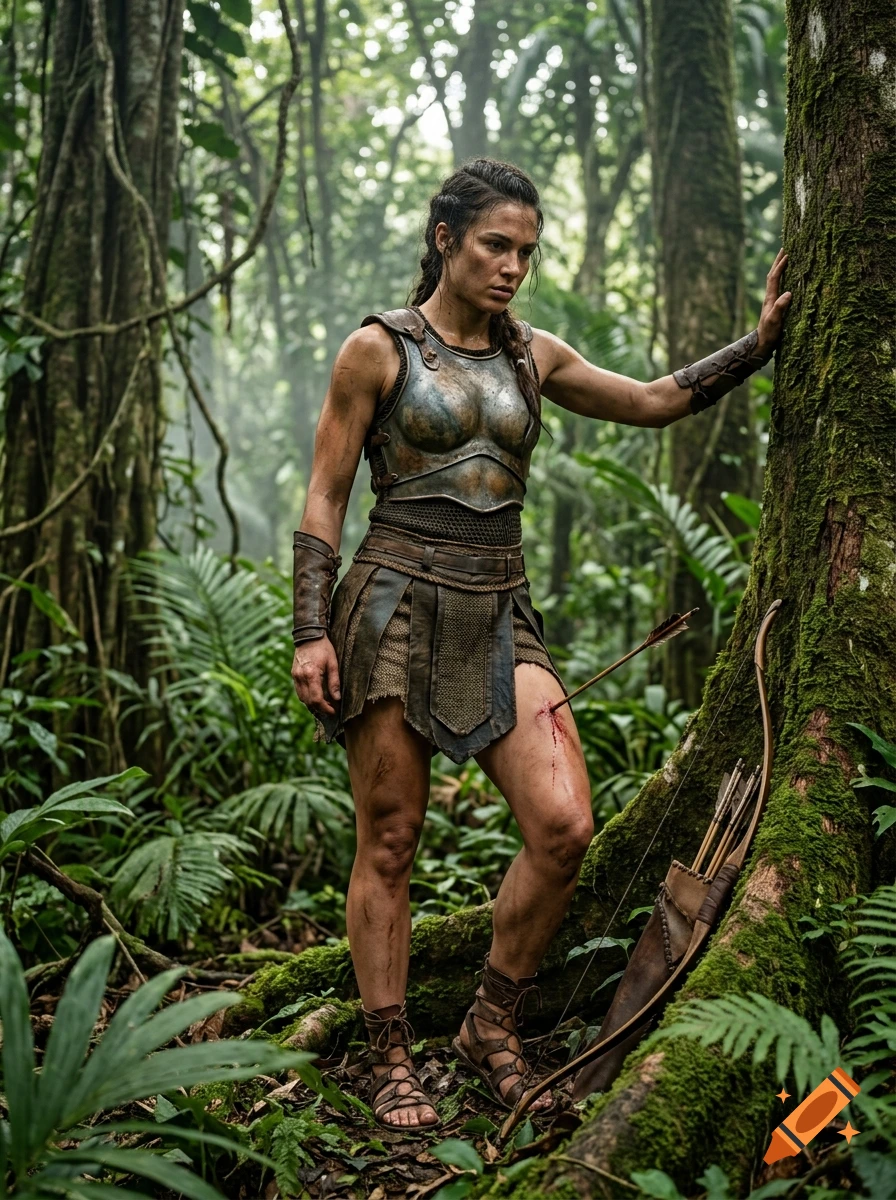 Photorealistic image of a wounded Amazon warrior standing in a lush jungle, with an arrow in her thigh.