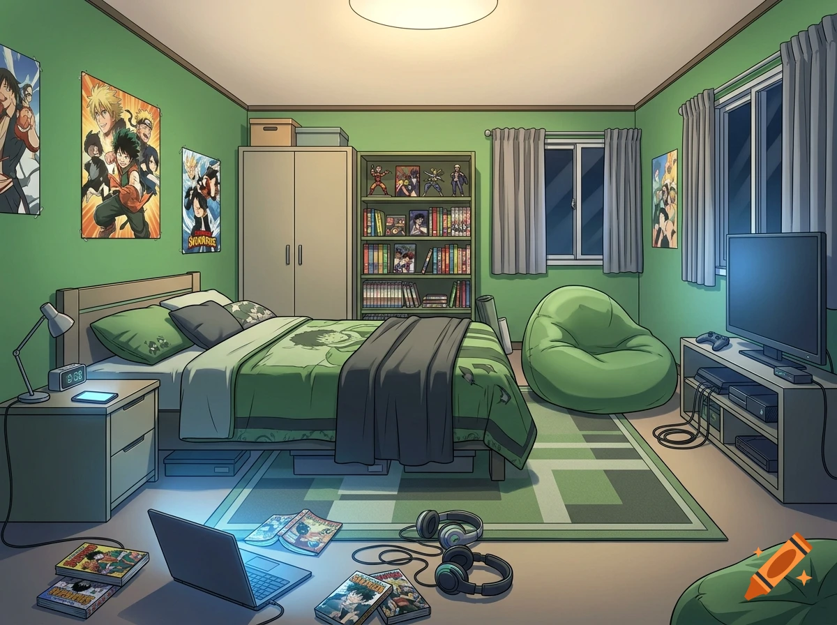An anime-style boys bedroom with green walls, a bed with green and grey blankets, a laptop on the floor, and manga shelves.