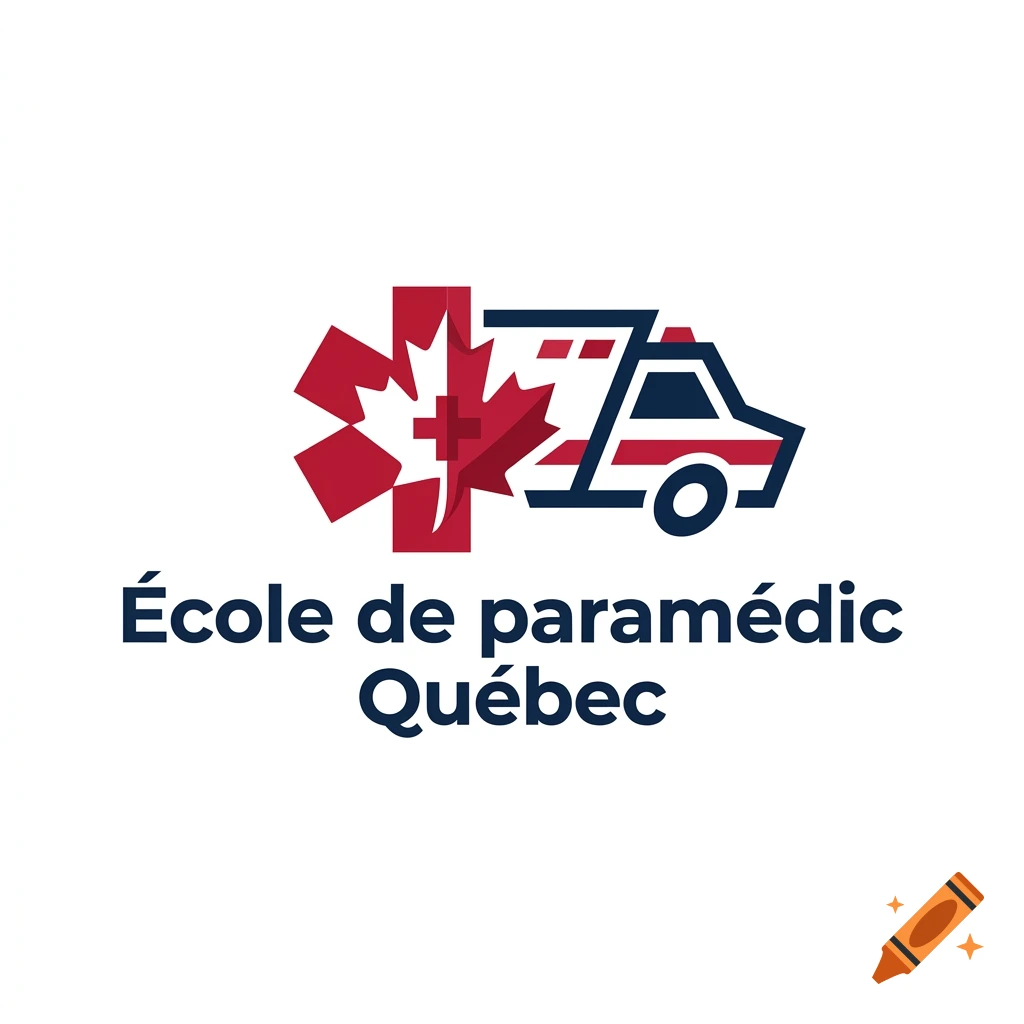 Logo for Ecole de paramedic Quebec featuring a red star of life with a maple leaf and an ambulance.