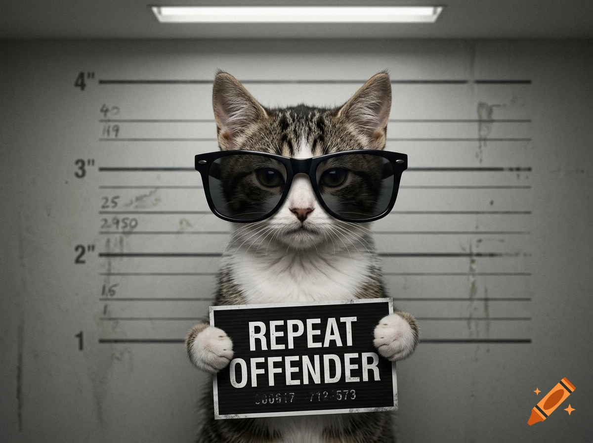 A tabby cat wearing sunglasses stands in front of a height chart holding a sign that reads REPEAT OFFENDER.