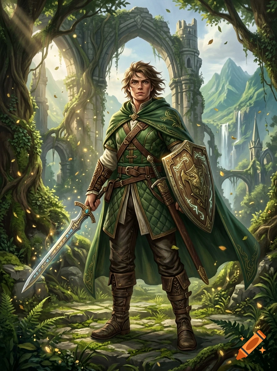Fantasy digital painting of a male warrior in green armor and cloak, holding a sword and shield amidst ancient ruins.