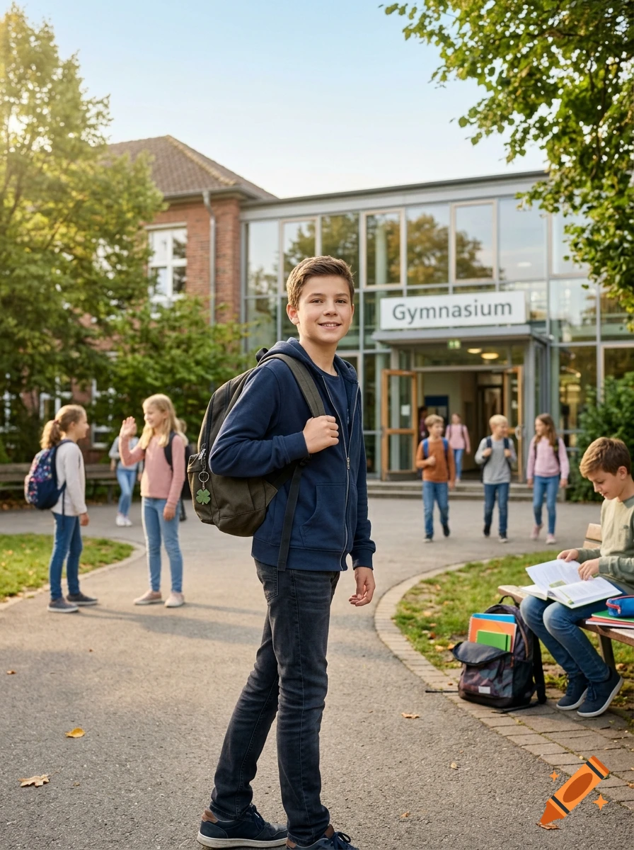 Photorealistic image of a smiling boy with a backpack standing in front of a school building named Gymnasium.