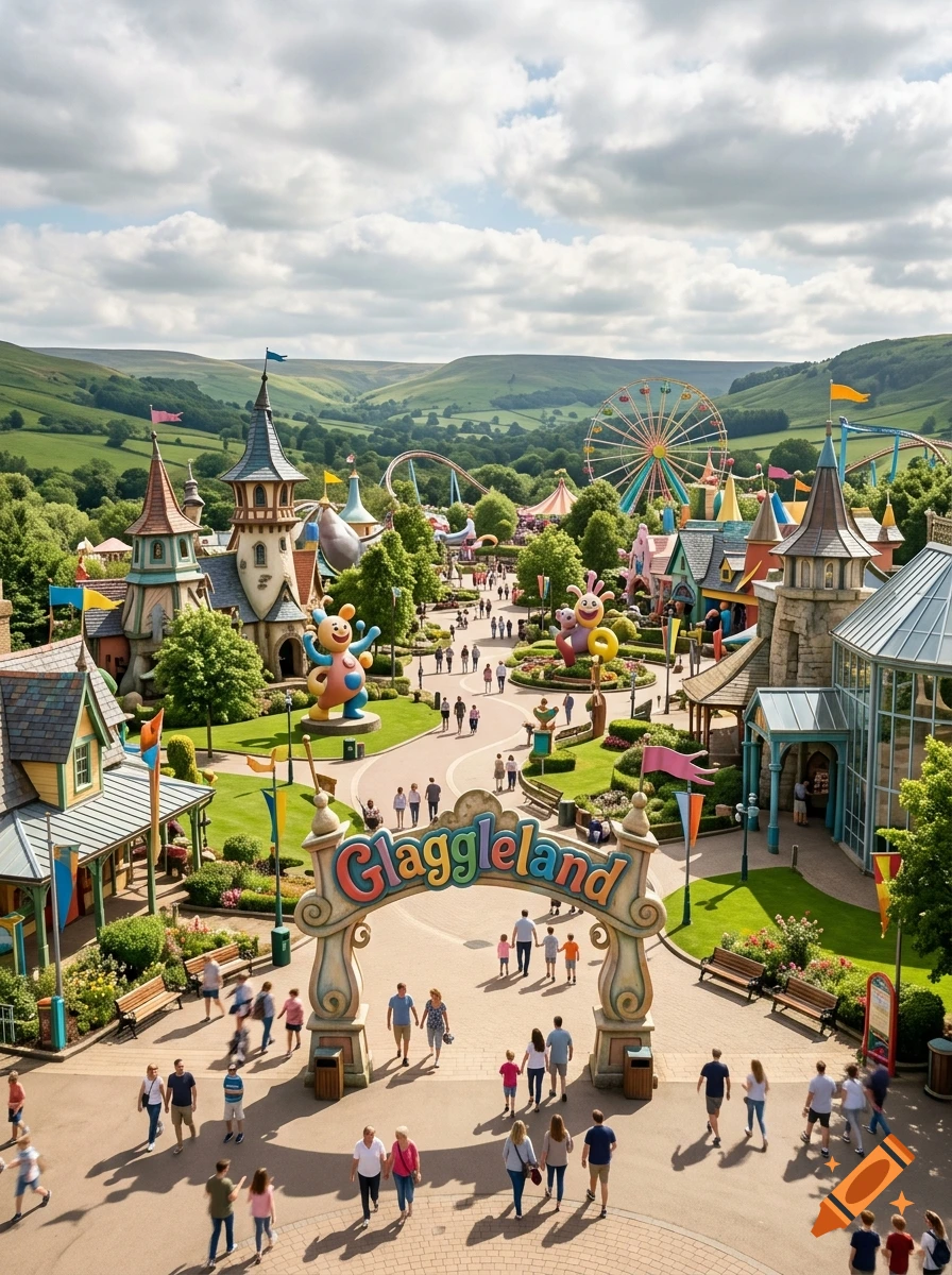 An overhead view of a colorful fantasy amusement park with an entrance archway reading Glaggleland, visitors walking, and rolling green hills in the background.