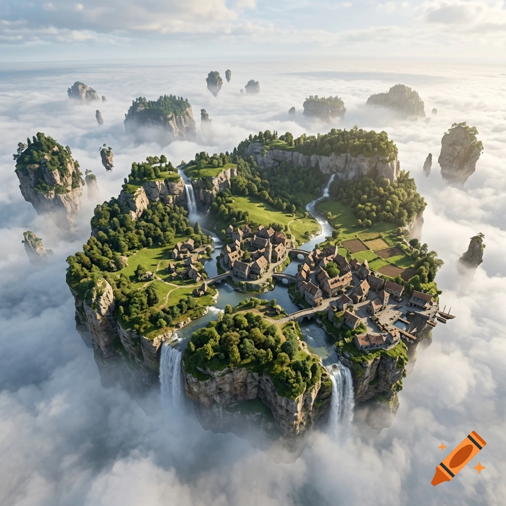 Photorealistic aerial view of a floating island in the clouds with lush green fields, villages, and waterfalls.