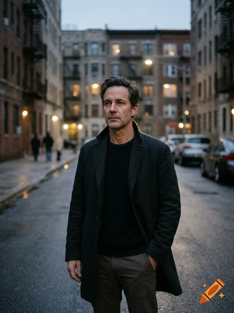 Photorealistic medium shot of a lonely man standing on a wet urban street at dusk, wearing a dark coat.