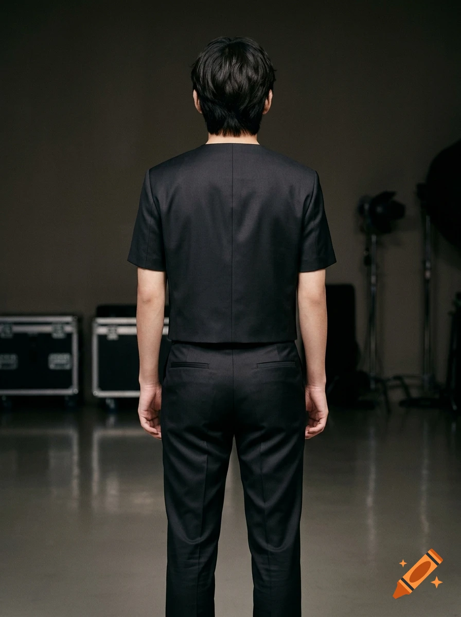 A photorealistic back view of a person with dark hair wearing a black short-sleeved top and black trousers in a studio setting.