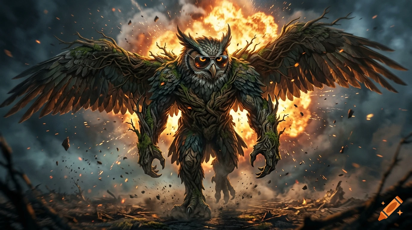 Cinematic digital art of a hybrid treant, owl, and eagle monster wearing sunglasses and walking away from a fiery explosion.