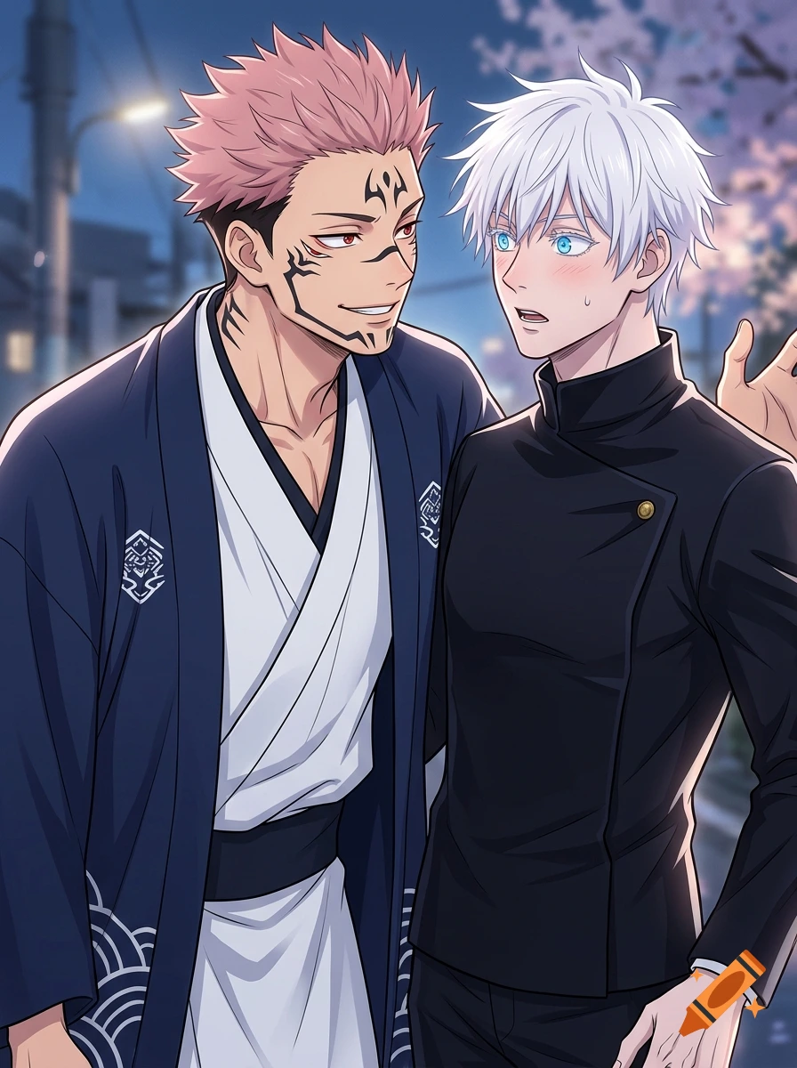 Anime illustration of a pink-haired man smiling at a blushing white-haired man in a night setting.