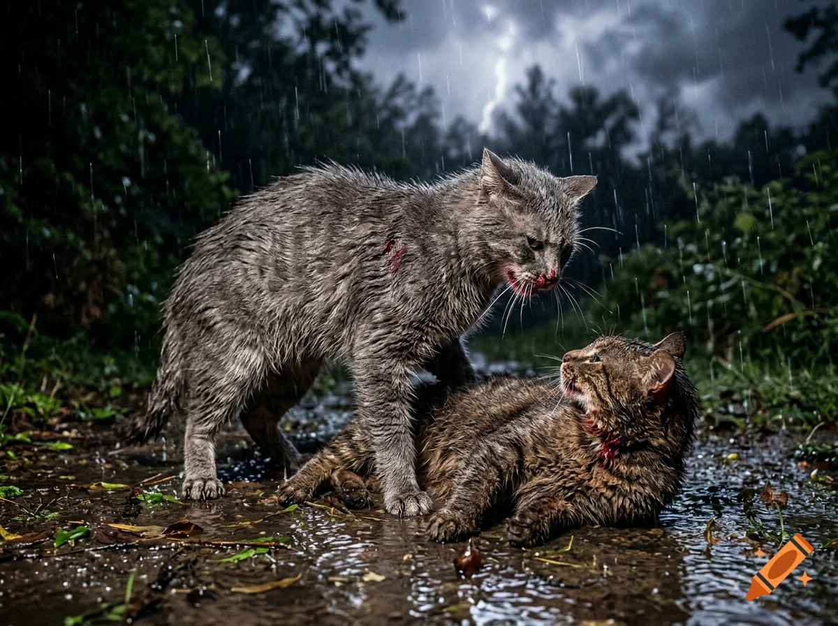 Photorealistic image of two wet cats fighting in a muddy puddle during a thunderstorm.