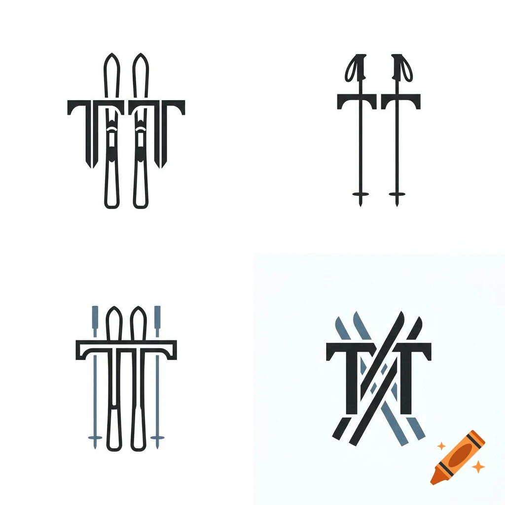 Four minimalist logo design concepts featuring letter T combined with skis and ski poles in black and grey on white background.