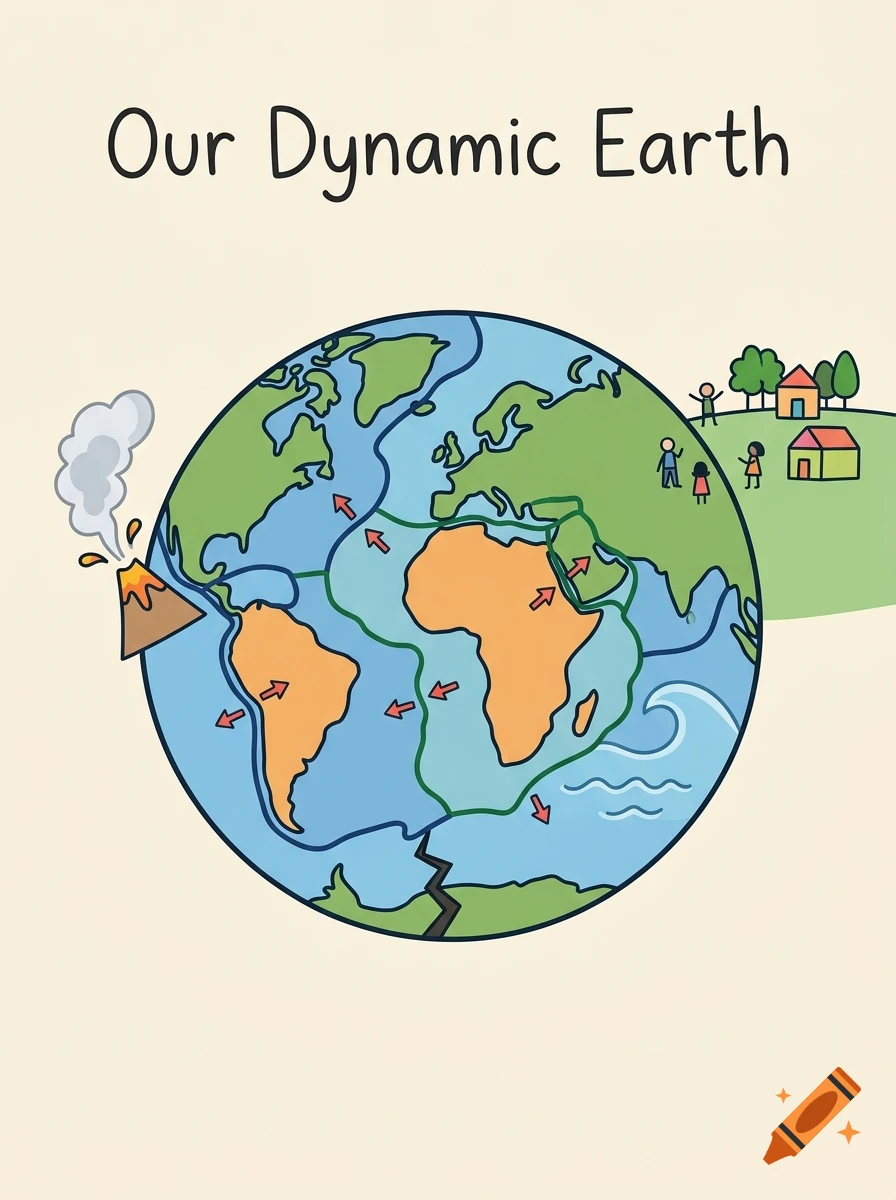 An educational illustration titled 'Our Dynamic Earth' showing a globe with tectonic plates, arrows indicating movement, a volcano, and small figures standing on land.