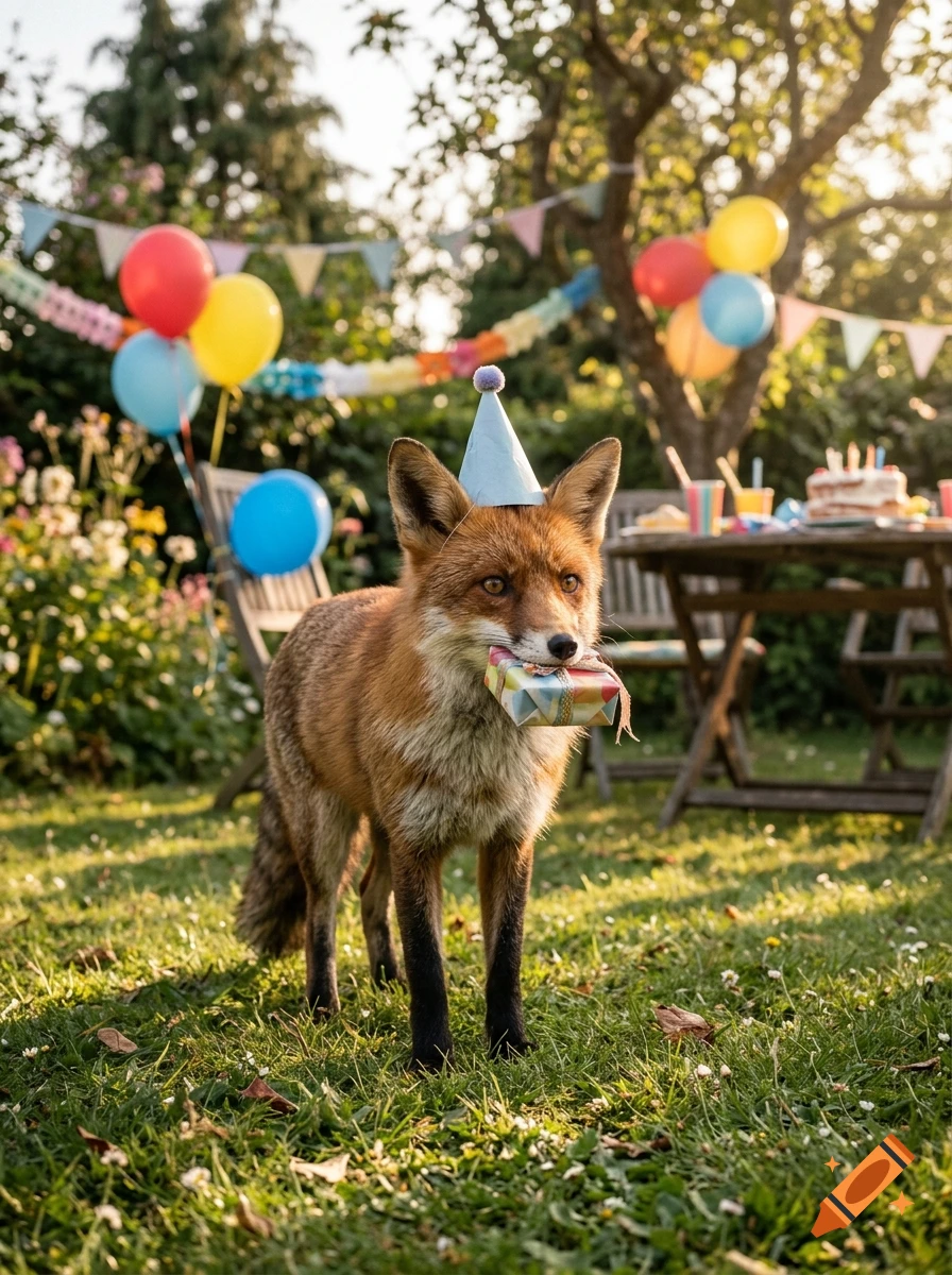 A red fox wearing a party hat stands in a garden holding a small gift box in its mouth, surrounded by birthday decorations, balloons, and a table.