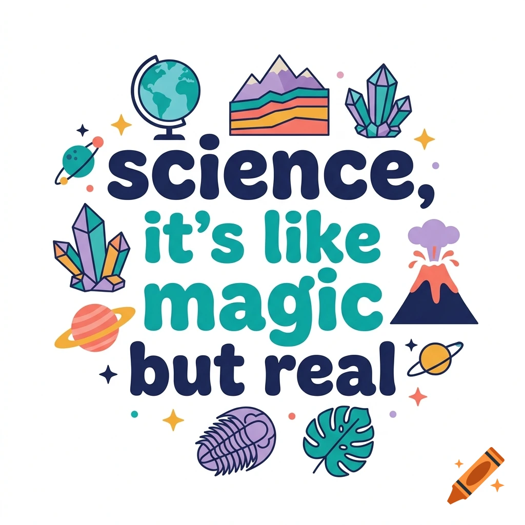 Colorful vector illustration with the text 'science, it's like magic but real' surrounded by science icons including a globe, mountains, crystals, planets, a volcano, a trilobite, and a leaf.