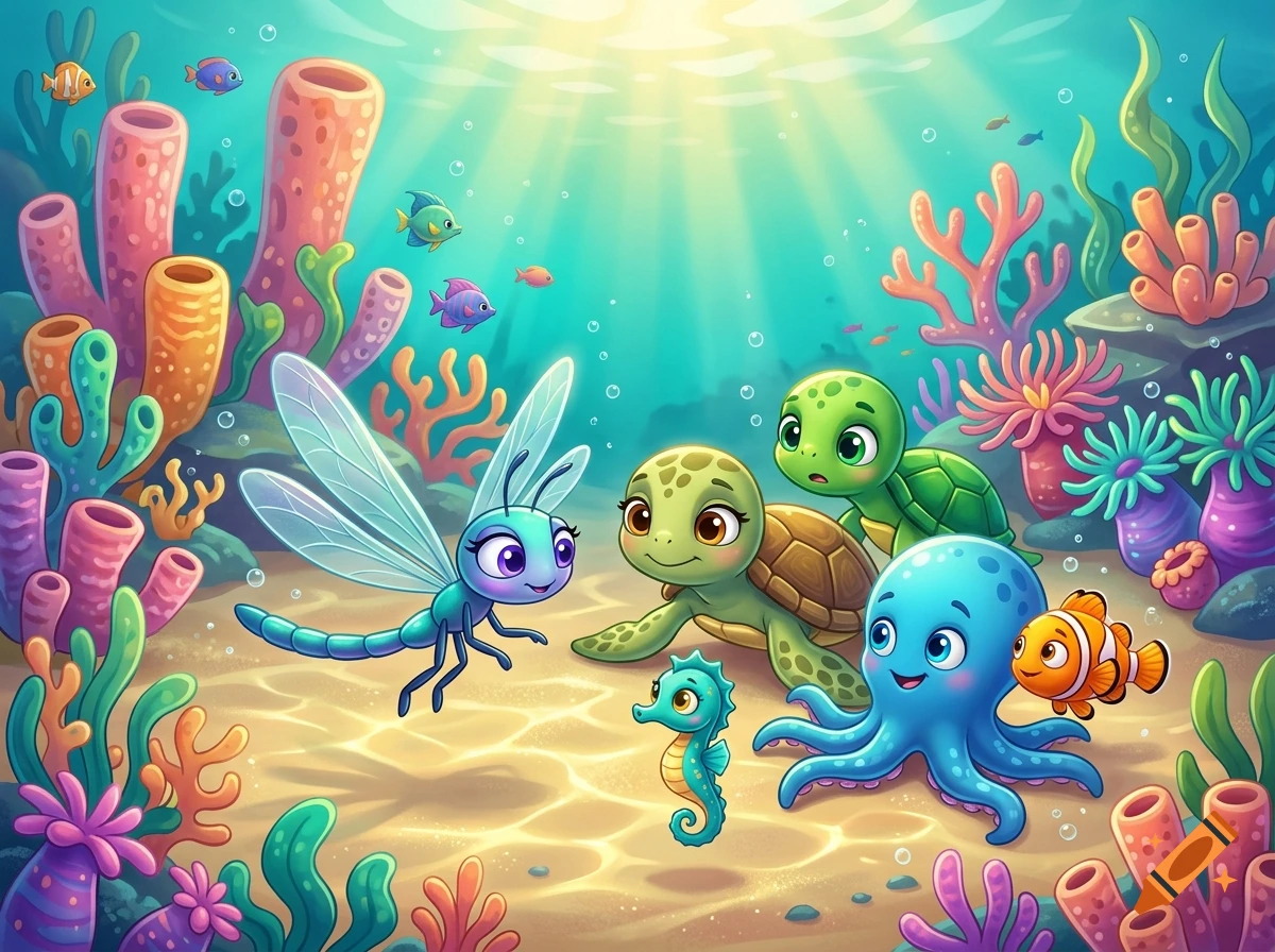 Colorful cartoon digital art of a blue dragonfly, green turtles, seahorse, and blue octopus in a sunlit coral reef.