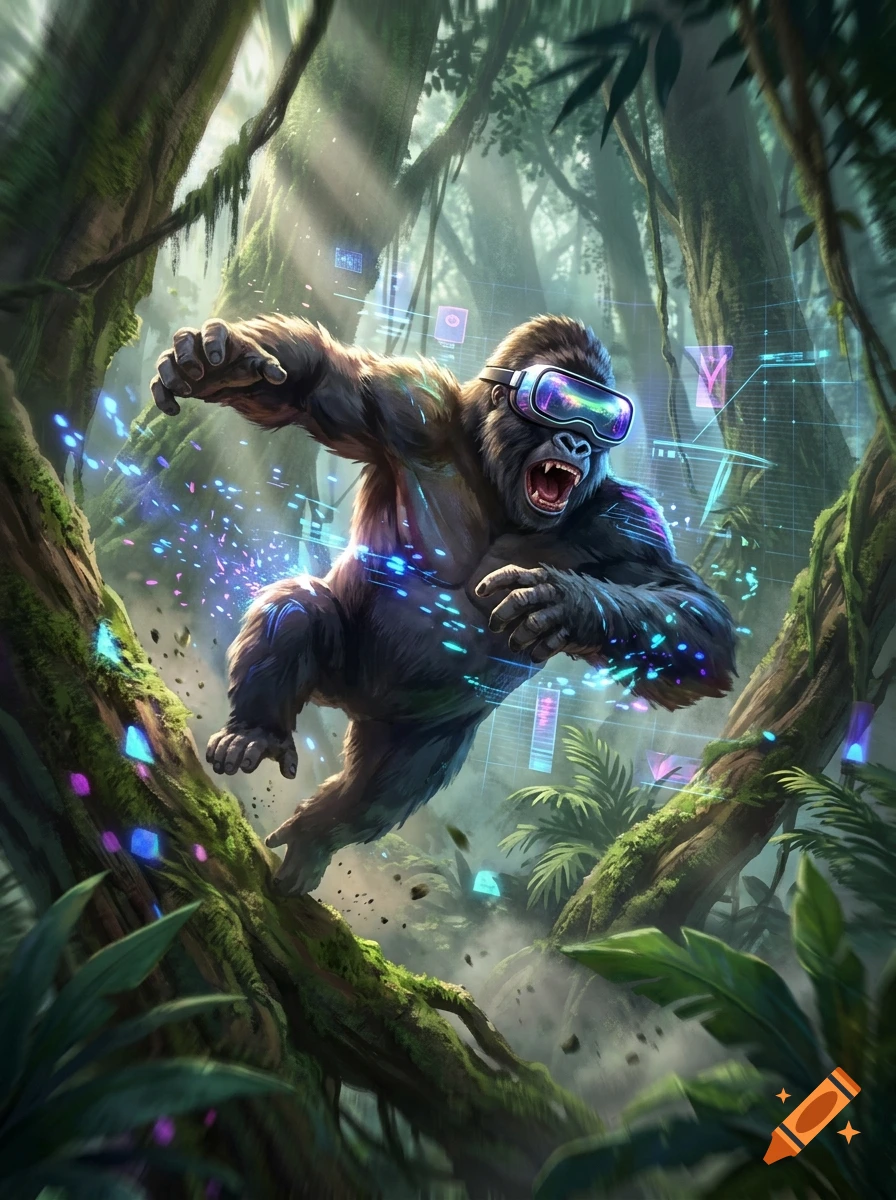 Digital illustration of a gorilla wearing a VR headset, leaping through a lush, sunlit jungle with digital holographic screens floating around.