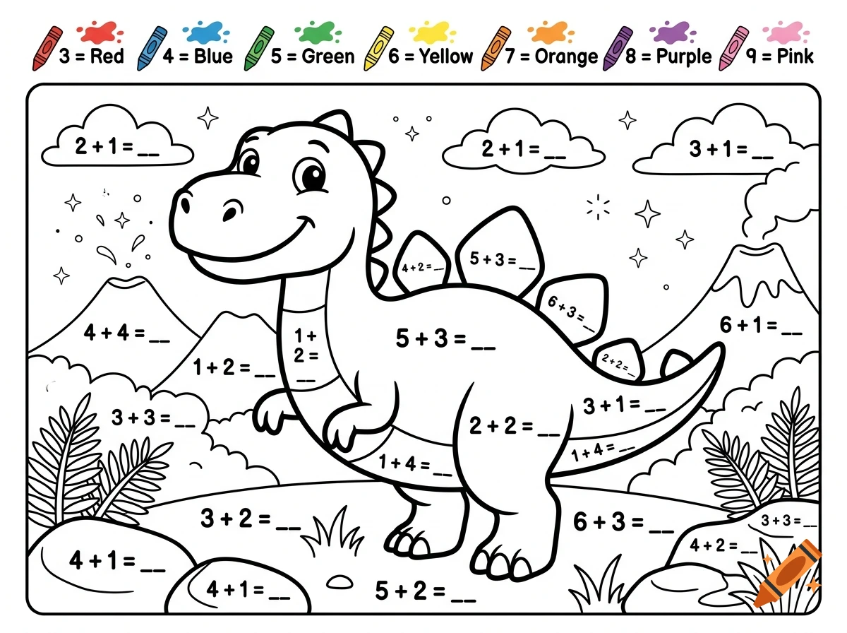 Black and white coloring page of a friendly dinosaur surrounded by math equations, clouds, and a volcano.