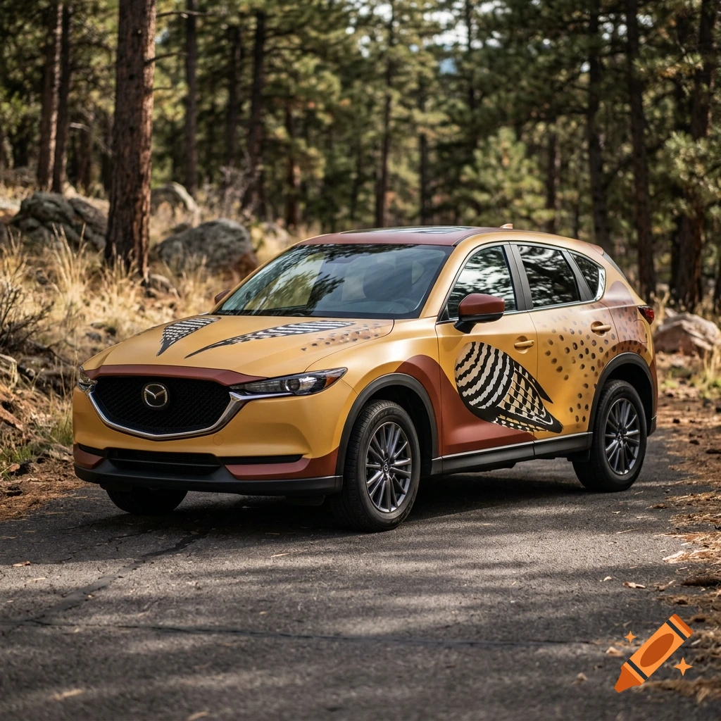 A Mazda CX-5 with a yellow and brown vinyl wrap inspired by a northern flicker bird, parked on a forest road.
