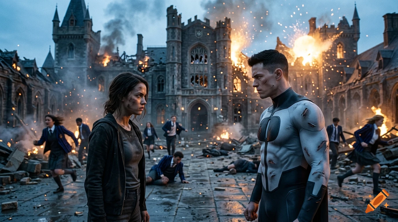 Cinematic shot of a fierce woman and a young alien in a superhero suit standing amidst the ruins of a burning academy.