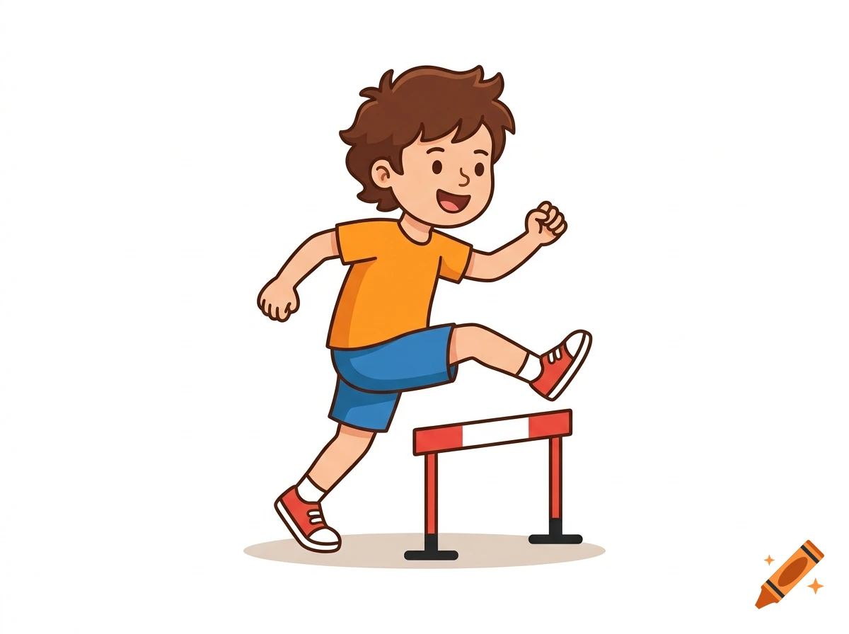 Cartoon illustration of a young boy happily jumping over a red and white hurdle.