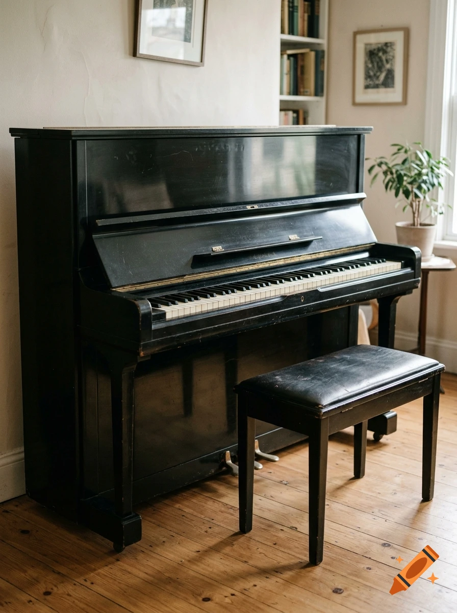 Photorealistic image of a black upright piano with a matching bench in a bright room with hardwood floors.